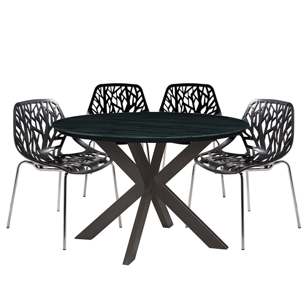 Leisuremod Ravenna Mid-Century Modern 5-Piece Metal Dining Set with 4 Stackable Plastic Chairs and Round Wood Table with Geometric Base for Kitchen and Dining Room - Leisurmod RTX47AC16BL4