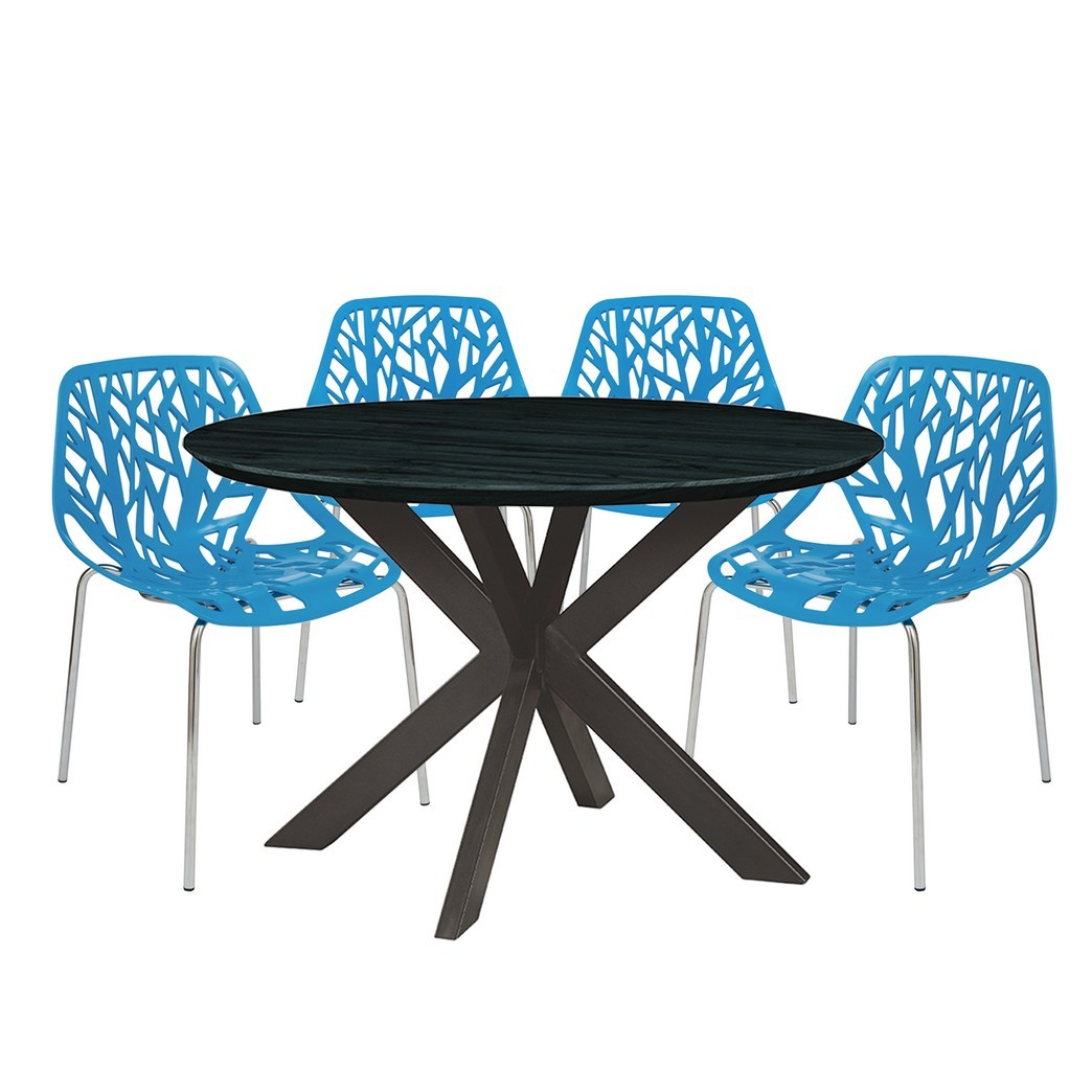 Leisuremod Ravenna Mid-Century Modern 5-Piece Metal Dining Set with 4 Stackable Plastic Chairs and Round Wood Table with Geometric Base for Kitchen and Dining Room - Leisurmod RTX47AC16BU4