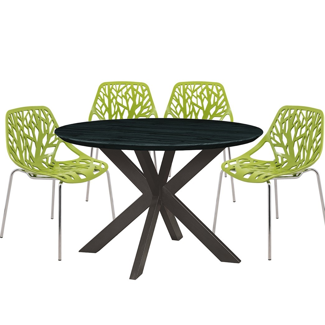 Leisuremod Ravenna Mid-Century Modern 5-Piece Metal Dining Set with 4 Stackable Plastic Chairs and Round Wood Table with Geometric Base for Kitchen and Dining Room - Leisurmod RTX47AC16G4
