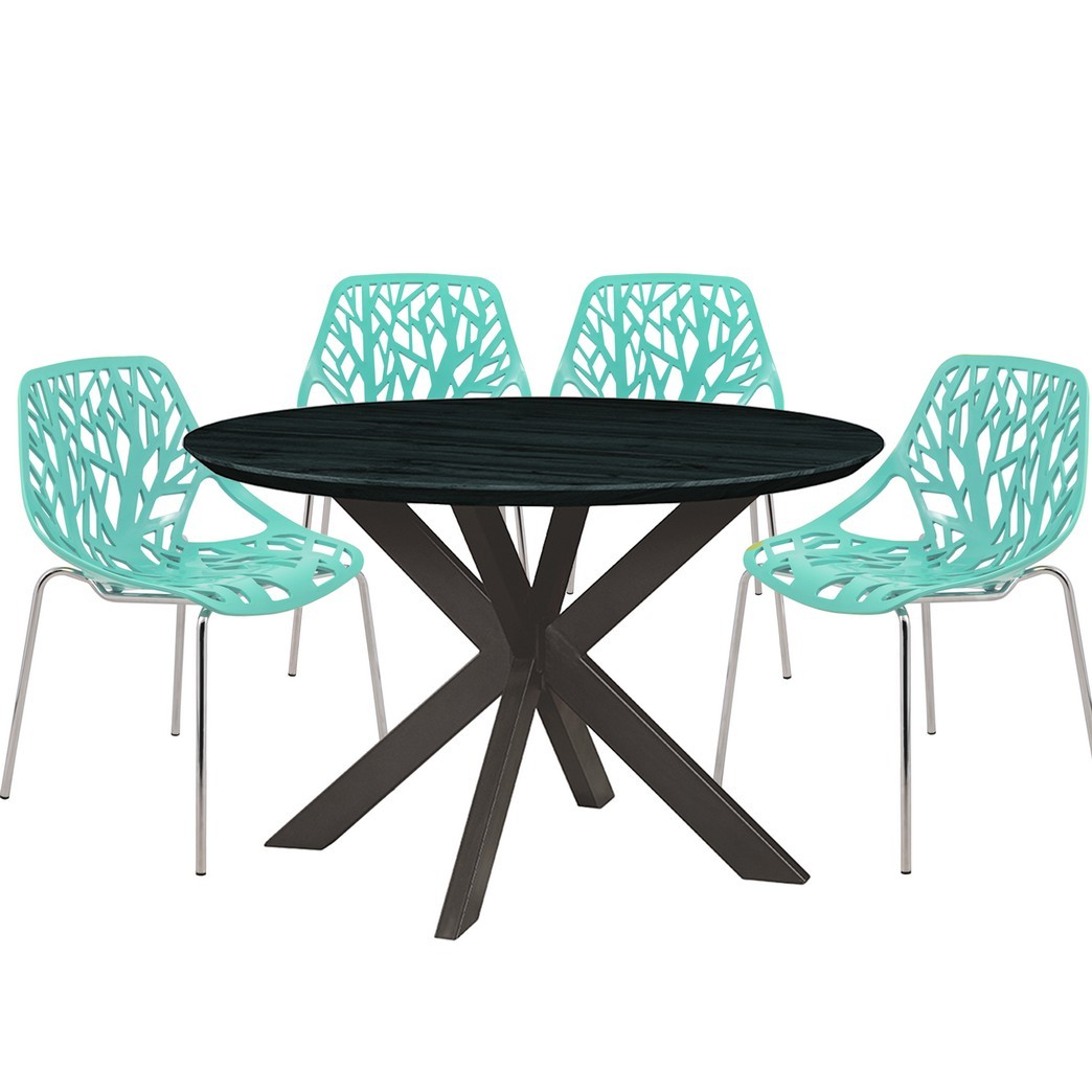 Leisuremod Ravenna Mid-Century Modern 5-Piece Metal Dining Set with 4 Stackable Plastic Chairs and Round Wood Table with Geometric Base for Kitchen and Dining Room - Leisurmod RTX47AC16MT4