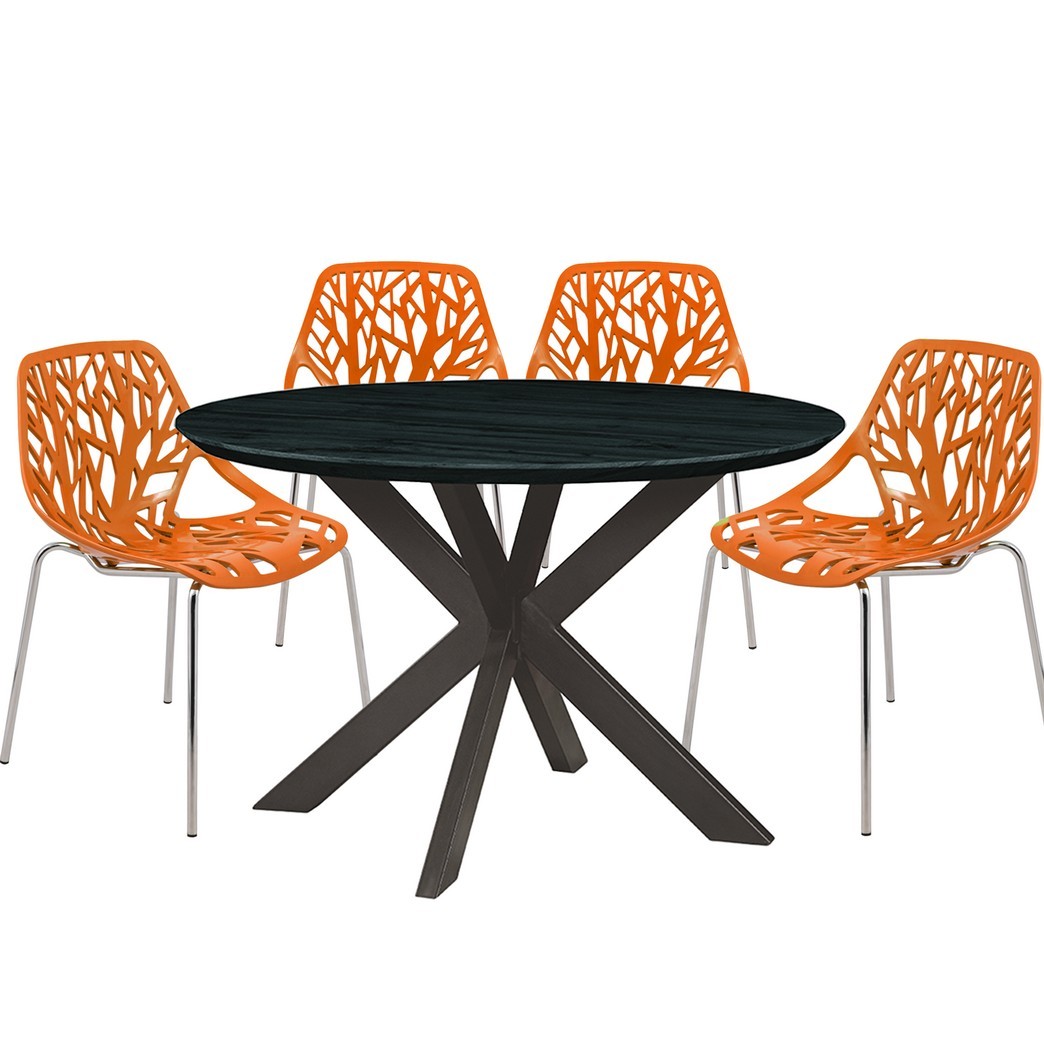 Leisuremod Ravenna Mid-Century Modern 5-Piece Metal Dining Set with 4 Stackable Plastic Chairs and Round Wood Table with Geometric Base for Kitchen and Dining Room - Leisurmod RTX47AC16OR4