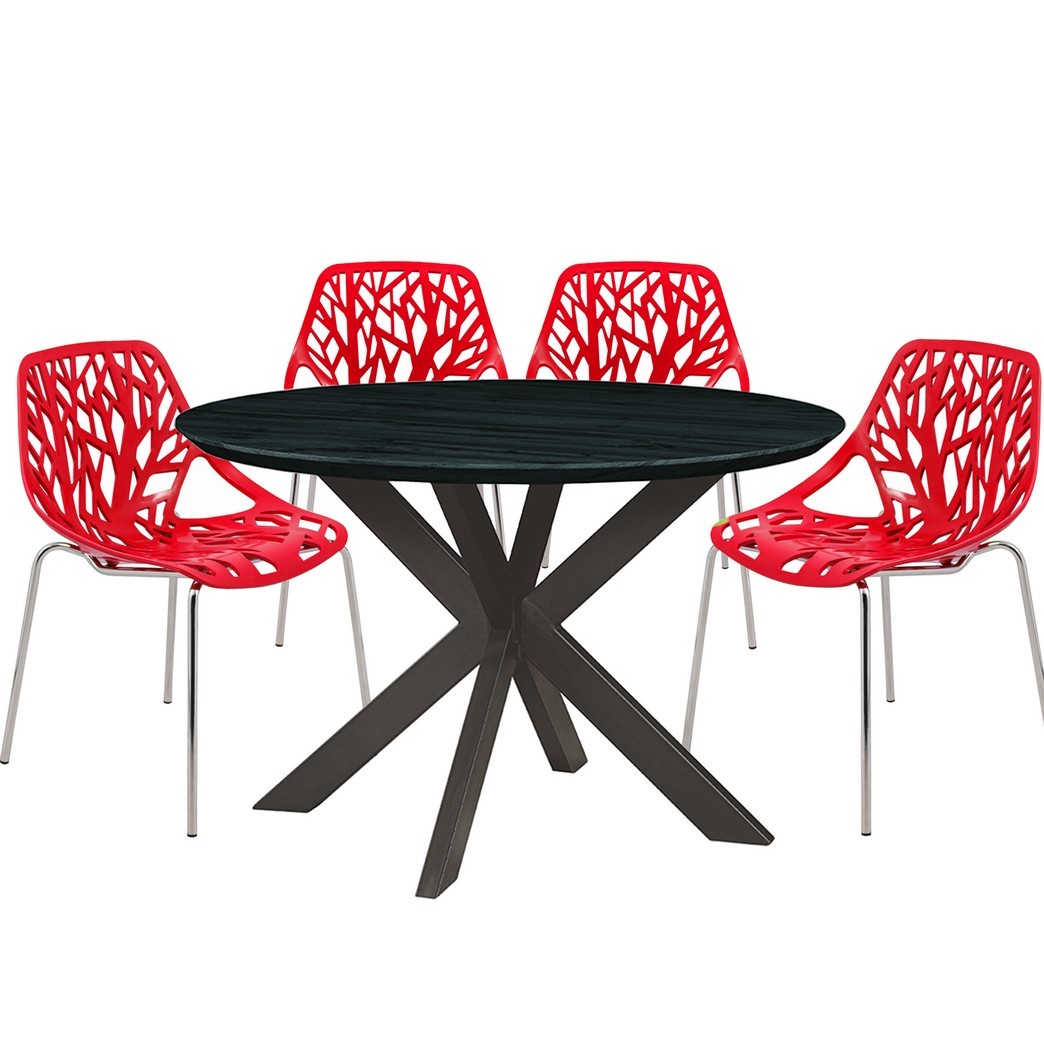 Leisuremod Ravenna Mid-Century Modern 5-Piece Metal Dining Set with 4 Stackable Plastic Chairs and Round Wood Table with Geometric Base for Kitchen and Dining Room - Leisurmod RTX47AC16R4