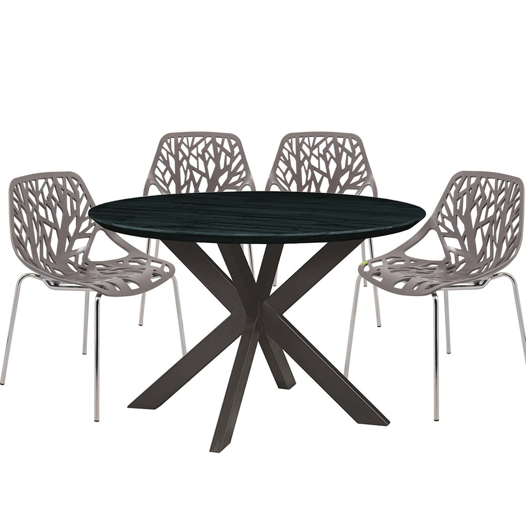 Leisuremod Ravenna Mid-Century Modern 5-Piece Metal Dining Set with 4 Stackable Plastic Chairs and Round Wood Table with Geometric Base for Kitchen and Dining Room - Leisurmod RTX47AC16TP4