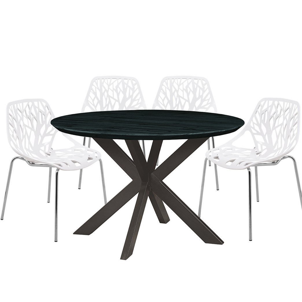 Leisuremod Ravenna Mid-Century Modern 5-Piece Metal Dining Set with 4 Stackable Plastic Chairs and Round Wood Table with Geometric Base for Kitchen and Dining Room - Leisurmod RTX47AC16W4