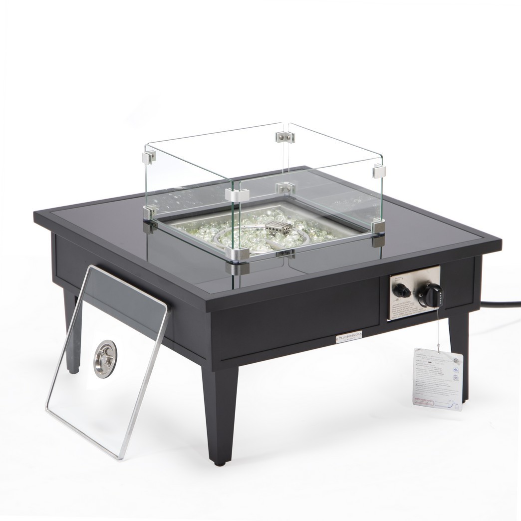 Leisuremod Walbrooke Outdoor Patio Aluminum Square Fire Pit Side Table with Lid and Fire Glass for Patio and Backyard Garden - Leisurmod WBL-27-GL