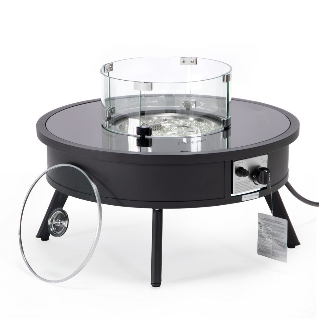 Leisuremod Walbrooke Outdoor Patio Aluminum Round Fire Pit Side Table with Lid and Fire Glass for Patio and Backyard Garden - Leisurmod WBL-29-GL