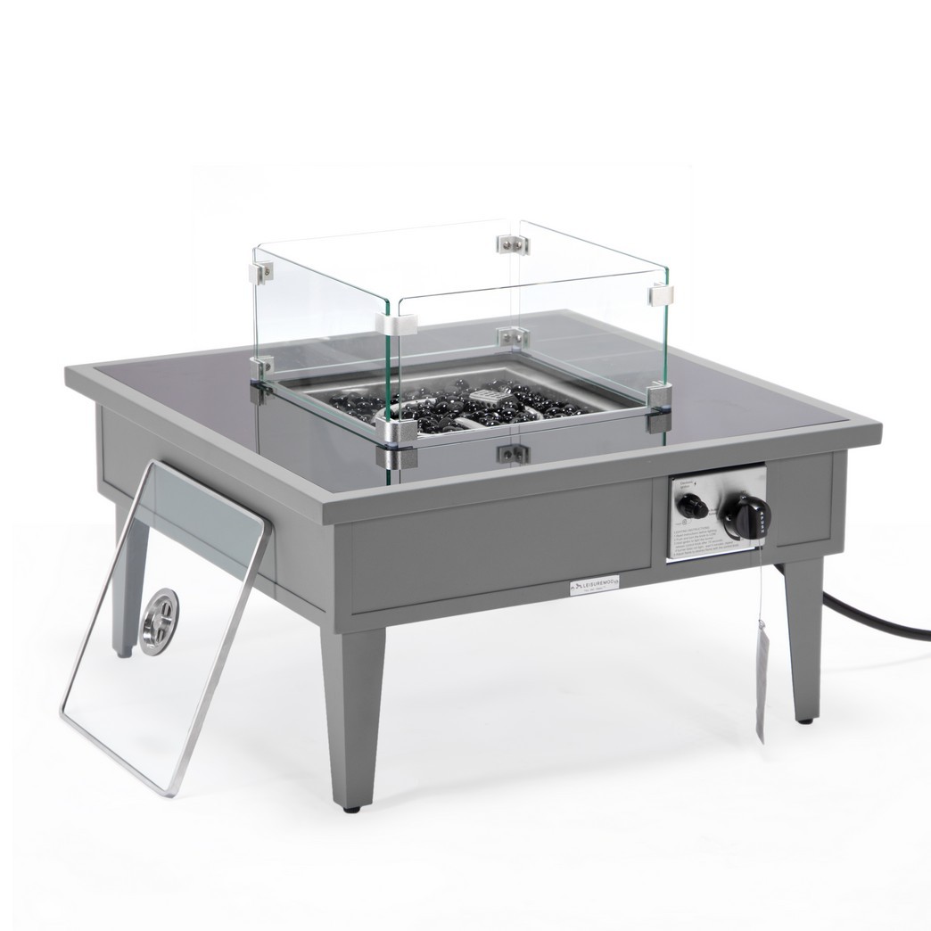 Leisuremod Walbrooke Outdoor Patio Aluminum Square Fire Pit Side Table with Lid and Fire Glass for Patio and Backyard Garden - Leisurmod WGR-27-GL