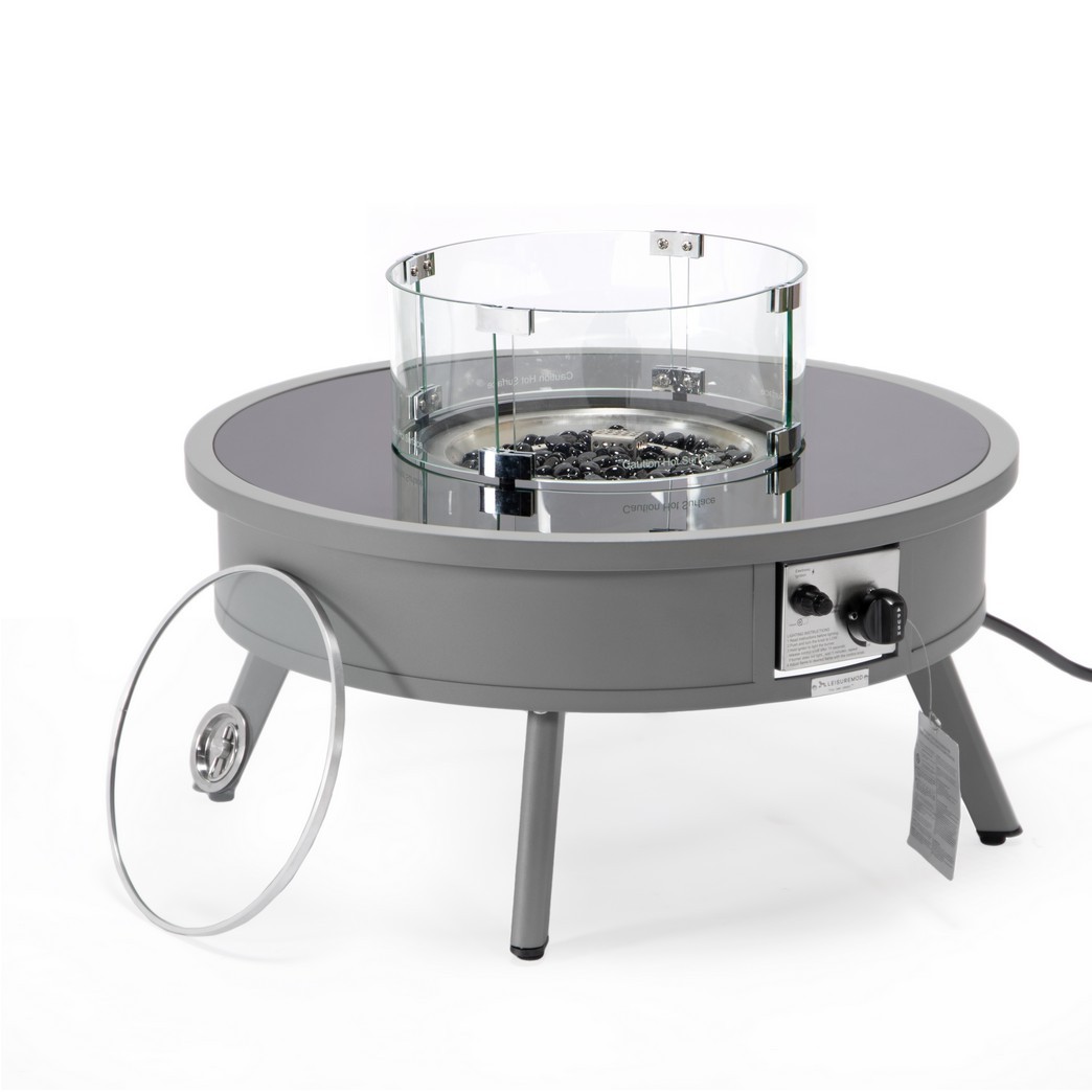 Leisuremod Walbrooke Outdoor Patio Aluminum Round Fire Pit Side Table with Lid and Fire Glass for Patio and Backyard Garden - Leisurmod WGR-29-GL