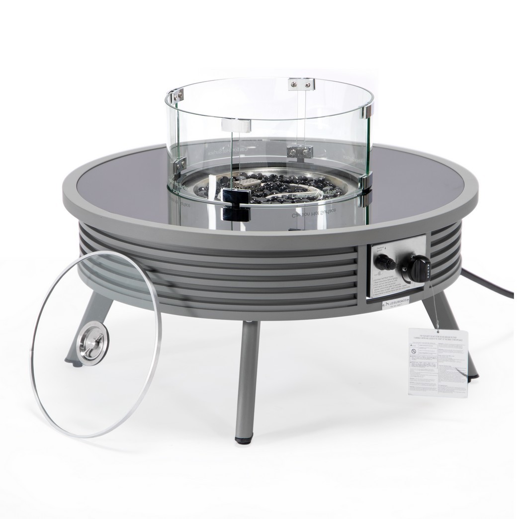Leisuremod Walbrooke Outdoor Patio Aluminum Round Slats Design Fire Pit Side Table with Lid and Fire Glass for Patio and Backyard Garden - Leisurmod WGRS-29-GL