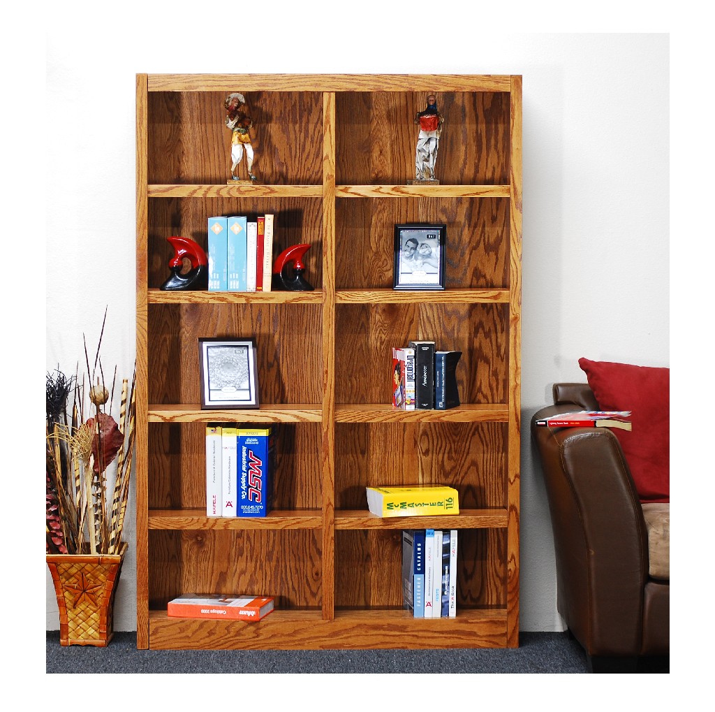 Image of 10 Shelf Double Wide Wood Bookcase, 72 inch Tall, Oak Finish - Concepts in Wood MI4872-D