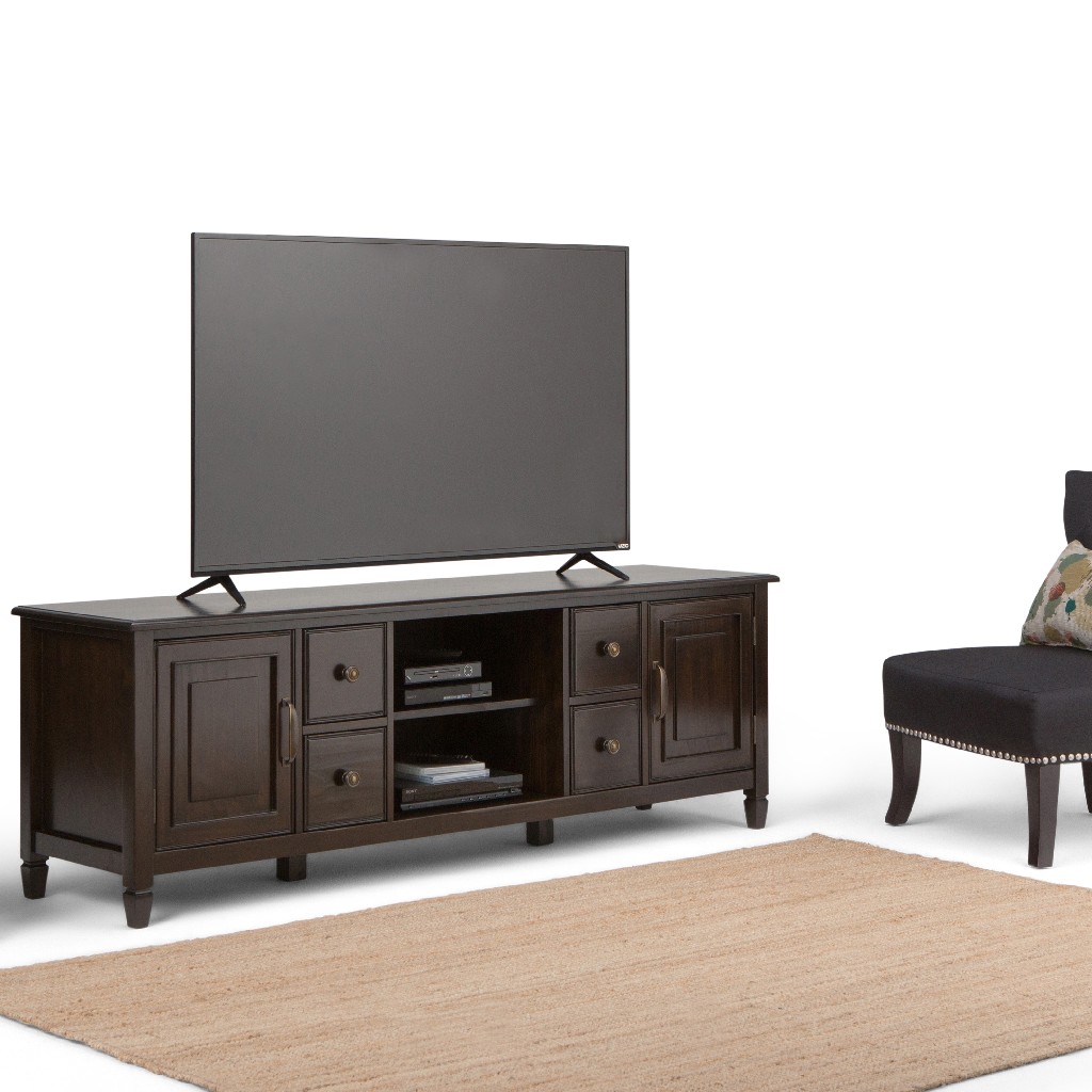 Connaught Solid Wood 72 Inch Wide Traditional Tv Media Stand In Dark Chestnut Brown For Tvs Up To 80 Inches - Simpli Home 3axccon-07