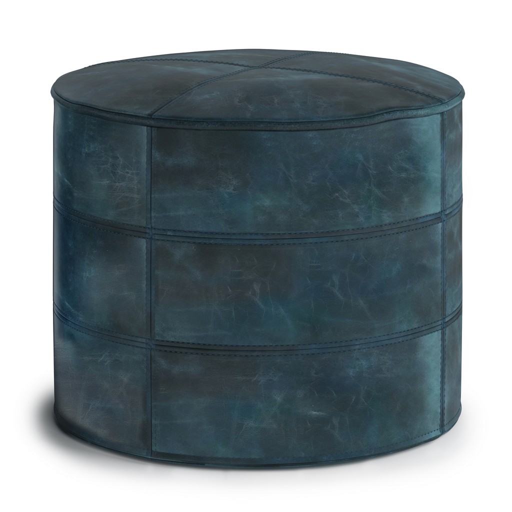 Connor Transitional Round Pouf In Distressed Teal Blue Leather - Simpli Home Axcpf-76-dbu