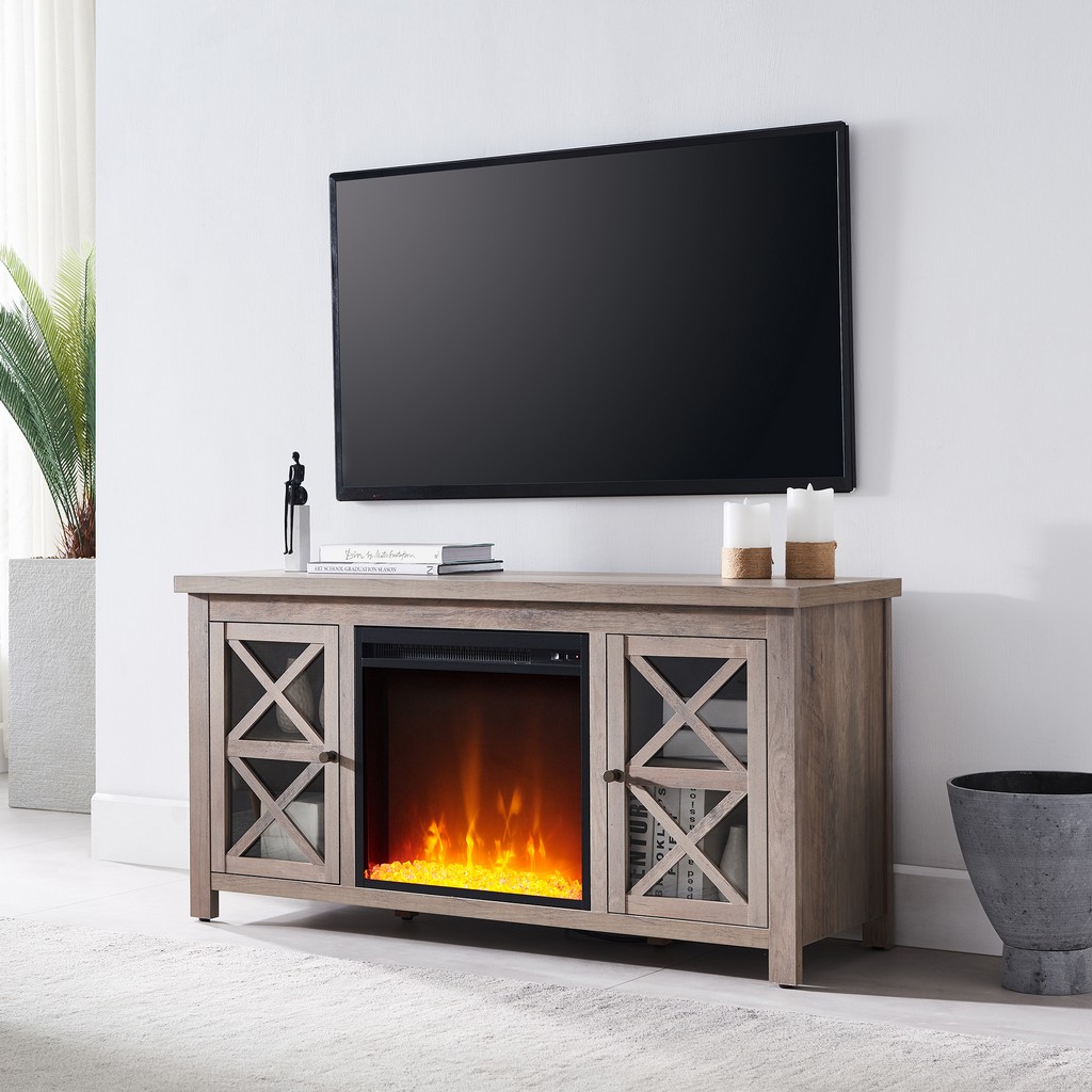 Colton Gray Oak Tv Stands With Crystal Fireplace Insert - Hudson & Canal Tv0685