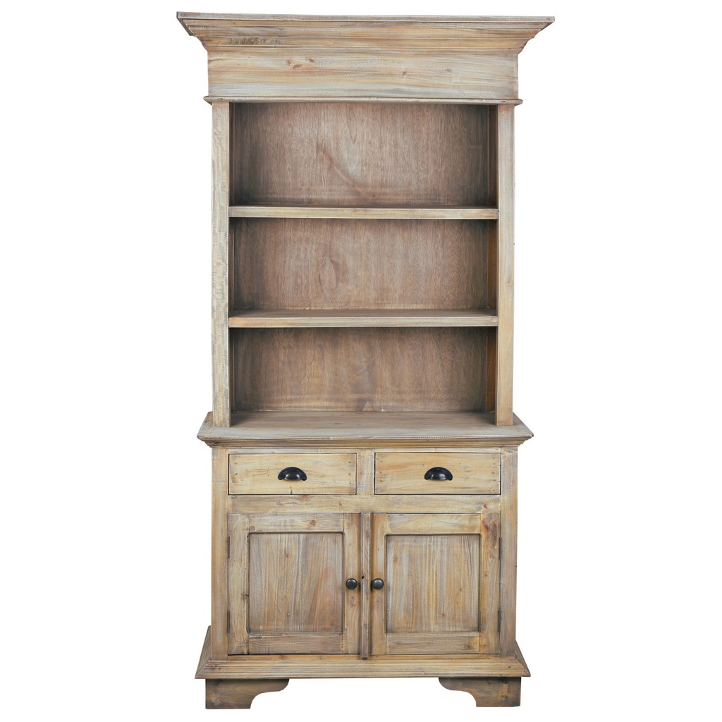 Sunset Trading Cottage 41&quot; Hutch Buffet Server, Open Display Kitchen Pantry Shelves, Storage Doors, Drawers, Driftwood Brown Solid Wood China Cabinet - Sunset Trading CC-CAB175S-DW