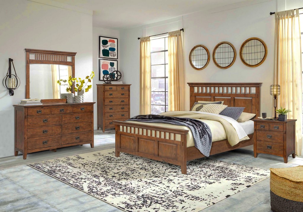Sunset Trading Mission Bay 5 Piece King Bedroom Set / Amish Brown Solid Wood / Panel Bed Dresser Mirror Chest Nightstand - Sunset Trading CF-4902-0877-K5P