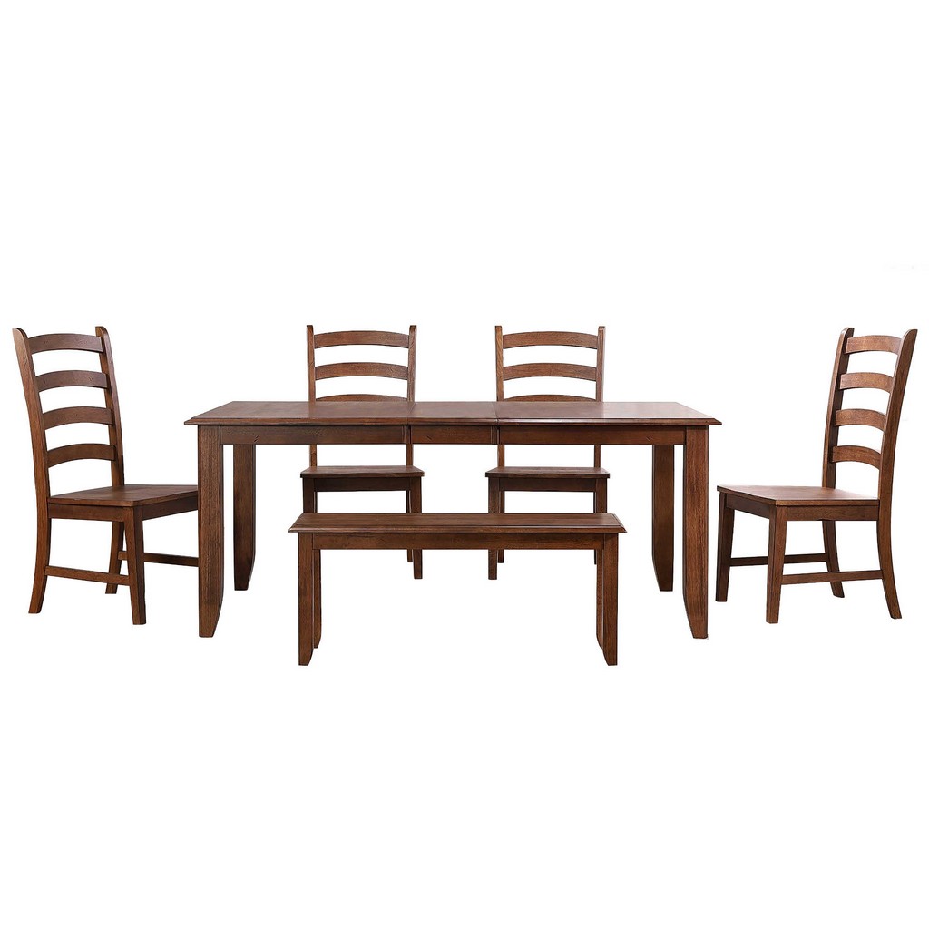 Simply Brook 6 Piece 72&quot; Rectangular Extendable Table Dining Set with Bench, 4 Slat Back Chairs, Amish Brown, Seats 8 - Sunset Trading DLU-BR4272-C80-BNAM6P