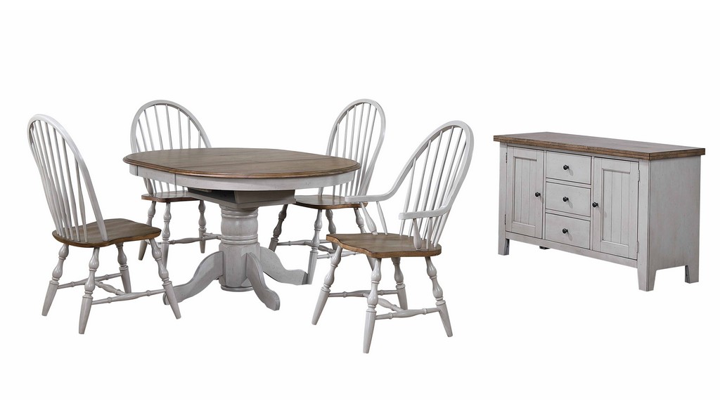 Sunset Trading Country Grove Round or Oval Extendable Dining Table Set With 2 Arm Chairs With Buffet In Distressed Gray and Brown Wood  - Sunset Trading DLU-CG4260-30AGOB6