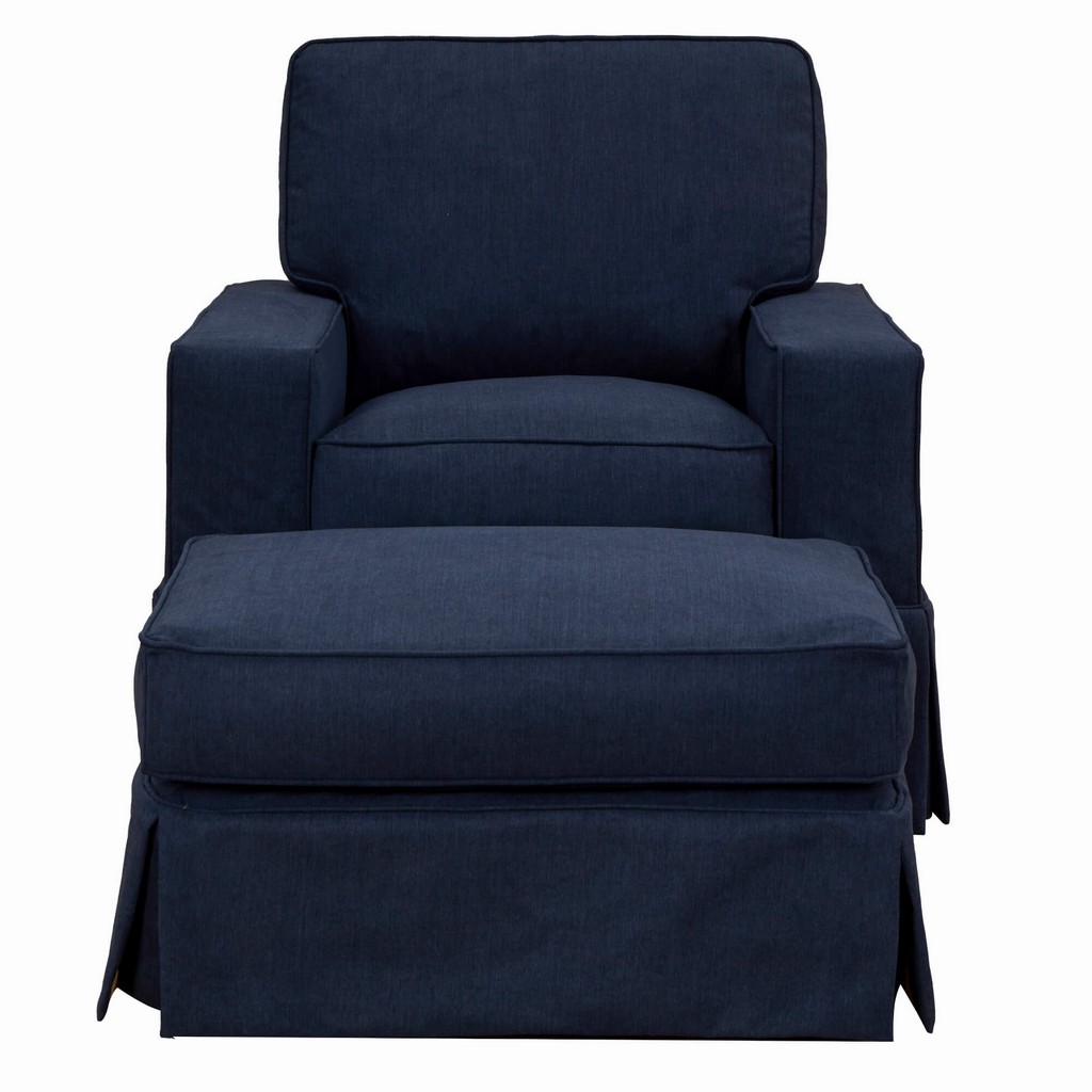 Americana Slipcover Only for Box Cushion Track Arm Chair and Ottoman Set, Stain Resistant Performance Fabric, Navy Blue - Sunset Trading SU-108520SC-30-391049