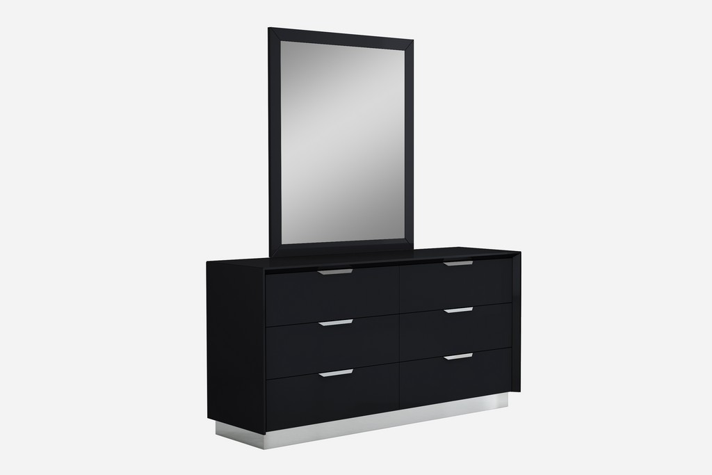 Navi Dresser Double High Gloss Black With Stainless Steel Trim 6 Drawers With Self-Close Runners Stainless Steel Handles - Whiteline Modern Living DR1354-BLK Image