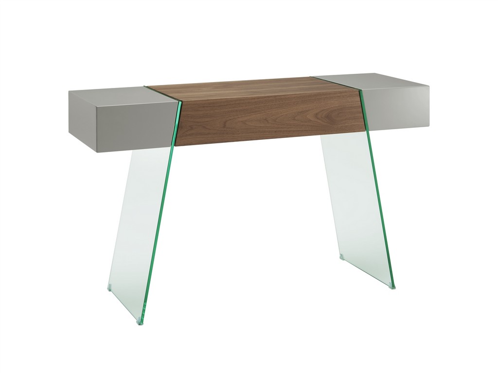Picture of IL VETRO CABANA console table in high gloss taupe lacquer and walnut veneer with clear glass - Casabianca CB-111-DR-CONSOLE-GR