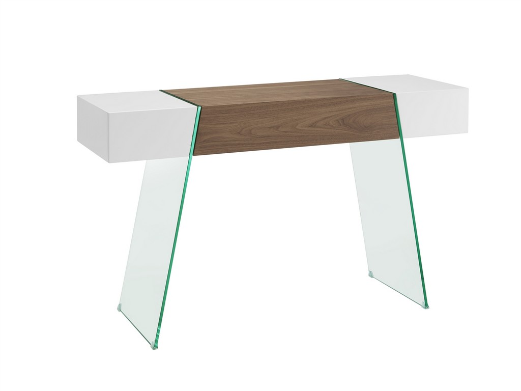 Il Vetro Cabana Console Table In High Gloss White Lacquer And Walnut Veneer With Clear Glass - Casabianca Cb-111-dr-console-wh-wal