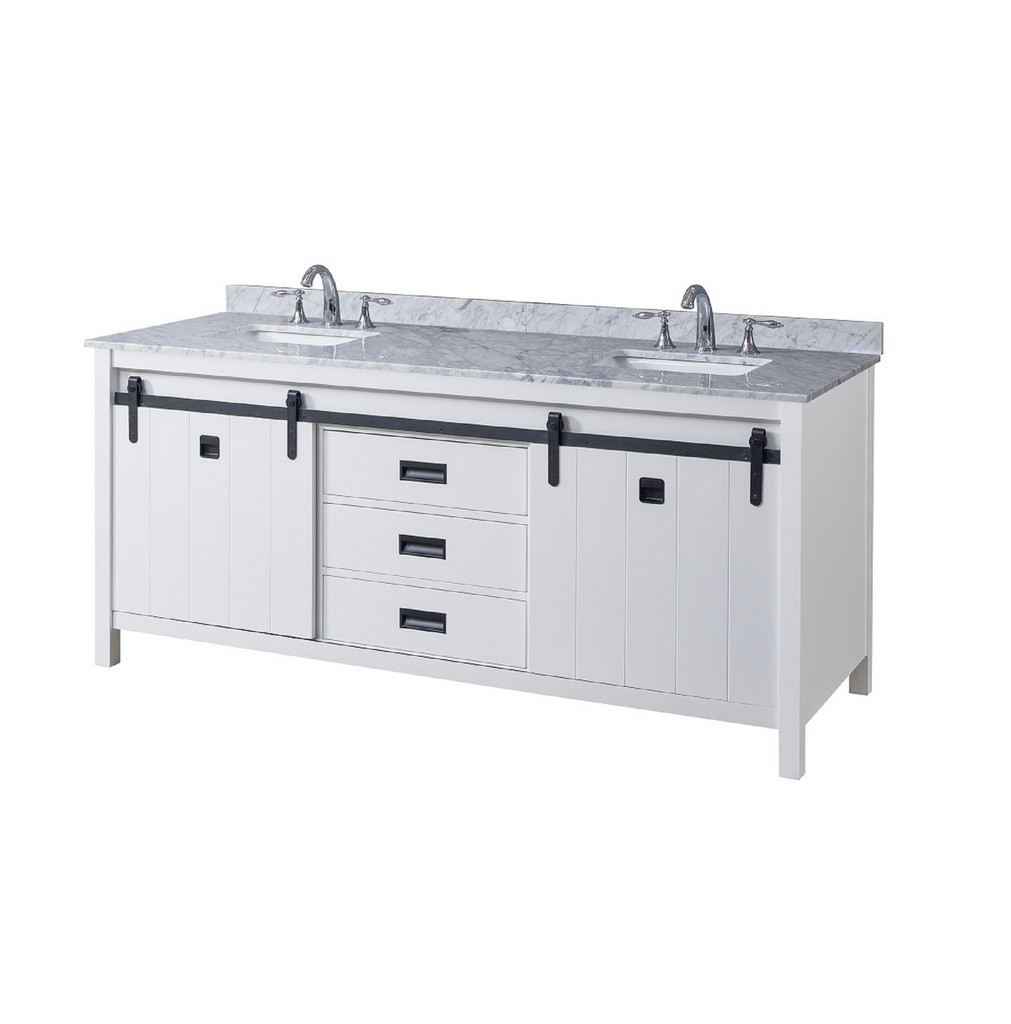 Da Vinci 72 in. Vanity in White with White Carrara Marble Top with white basins and Mirror  - J &amp; J International 72D3-WWC-M