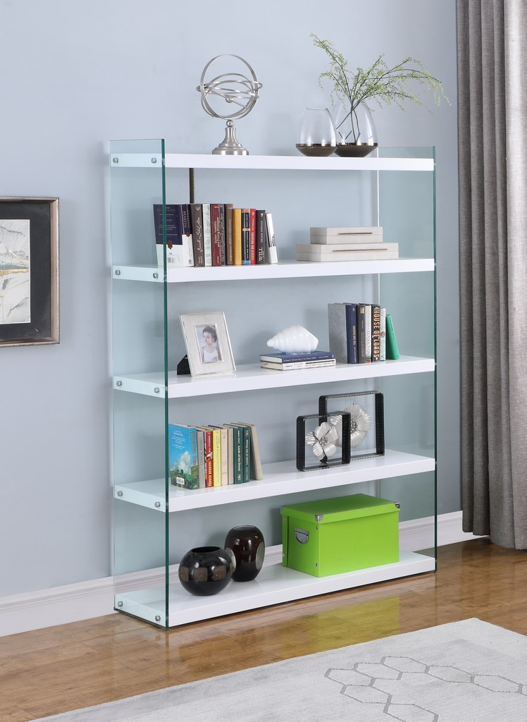 Contemporary Gloss White & Glass Book Case - Chintaly 74101-bks