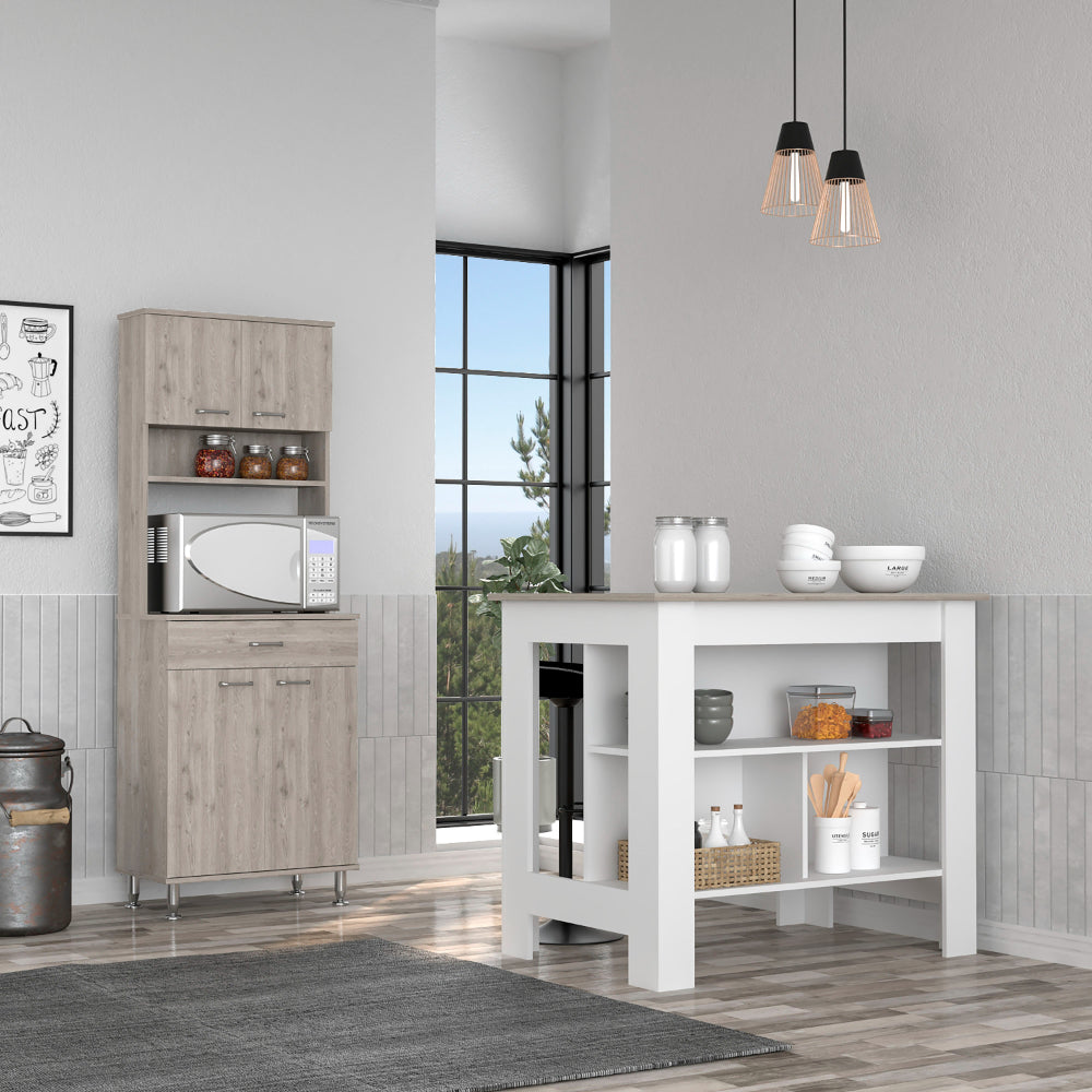 Calgary 2 Piece Kitchen Set, Kitchen Island + Pantry Cabinet , White /Light Gray - FM Furniture CKIT1