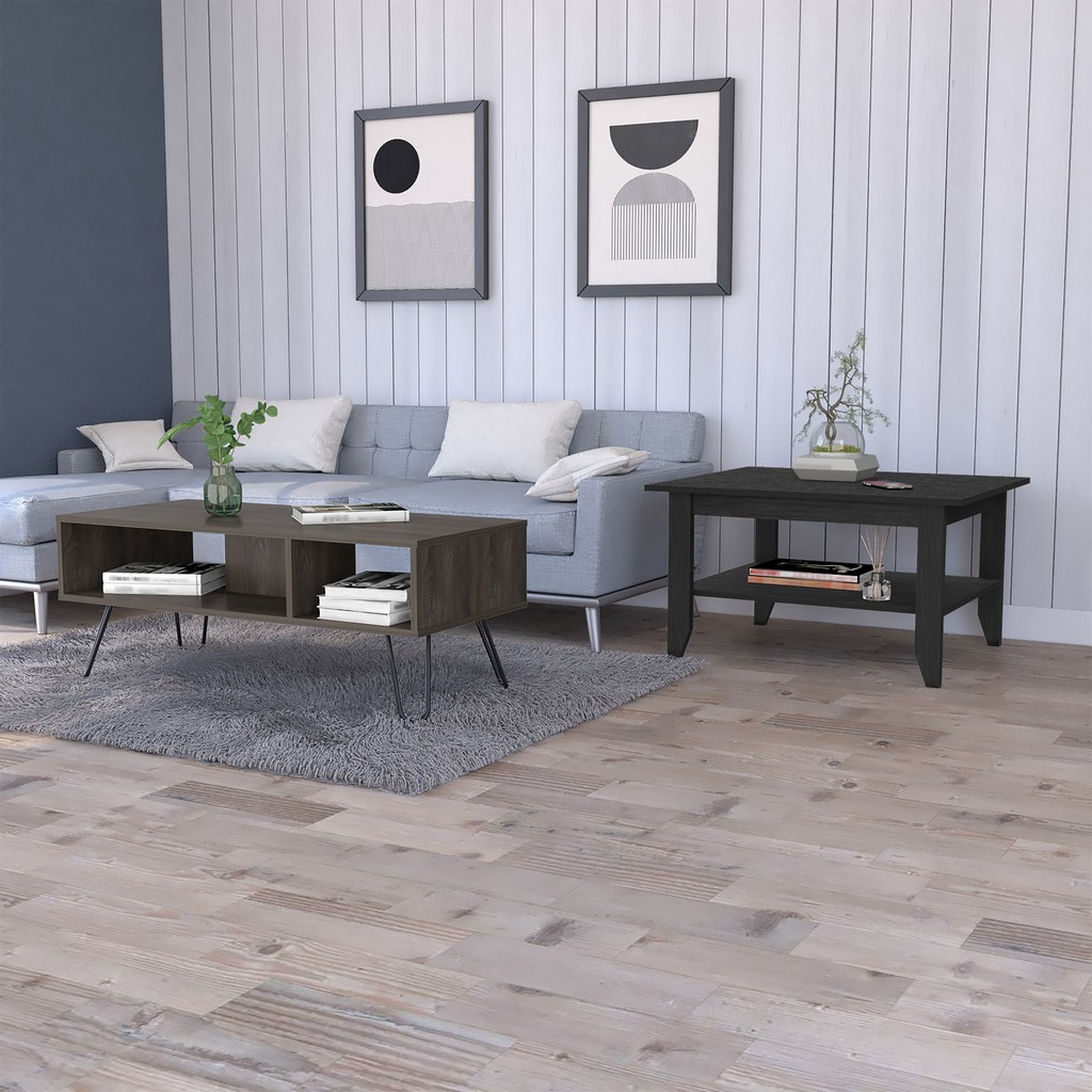 Bouse 2 Piece Living Room Set, Coffee Table + Coffee Table, Black / Espresso - FM Furniture CLIV10