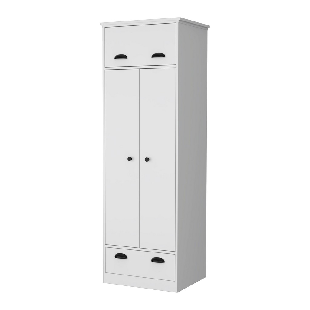 Linch Armoire with Hinged Drawer, Double Door Cabinet and 1-Drawer, White - FM Furniture FM9025CLB