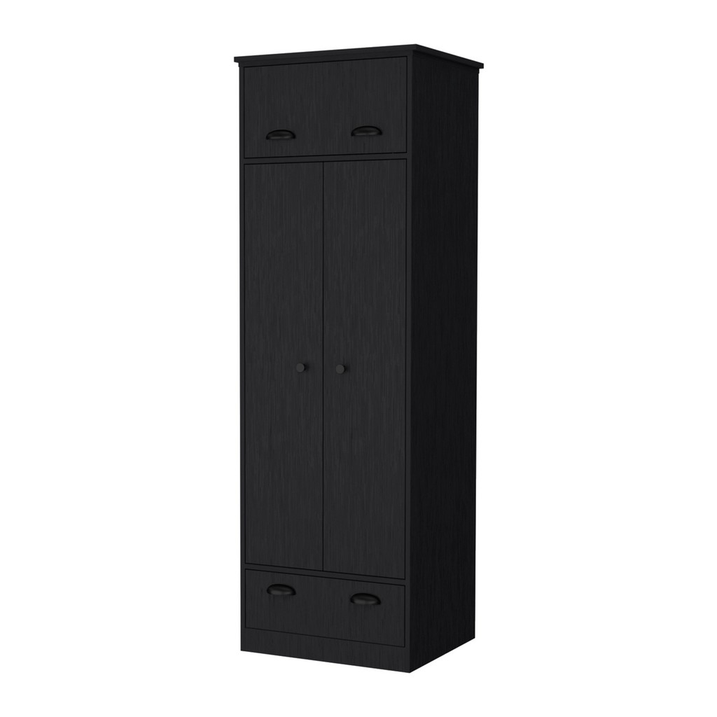 Linch Armoire with Hinged Drawer, Double Door Cabinet and 1-Drawer, Black - FM Furniture FM9026CLW
