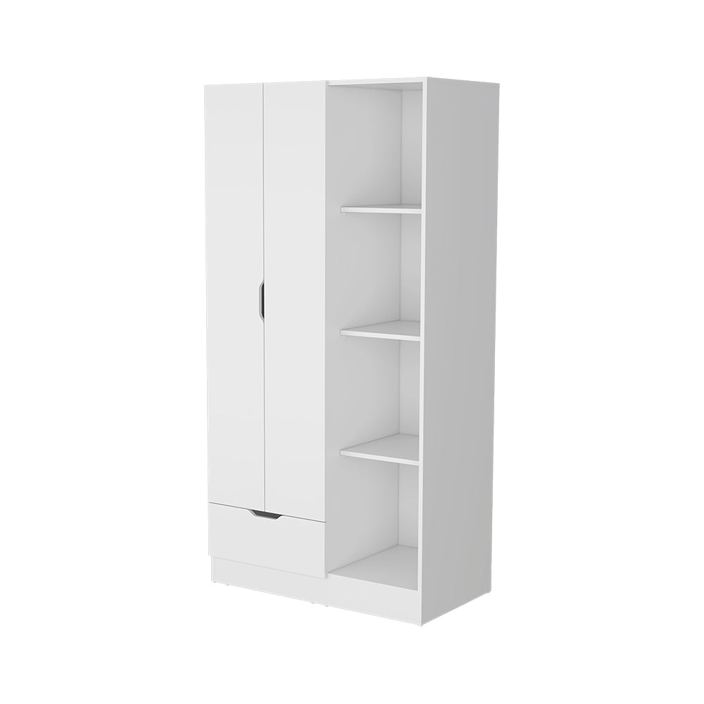 Redmond Armoire with Single Drawer, 4 Storage Shelves and Hanging Rod, White - FM Furniture FM9029CLB