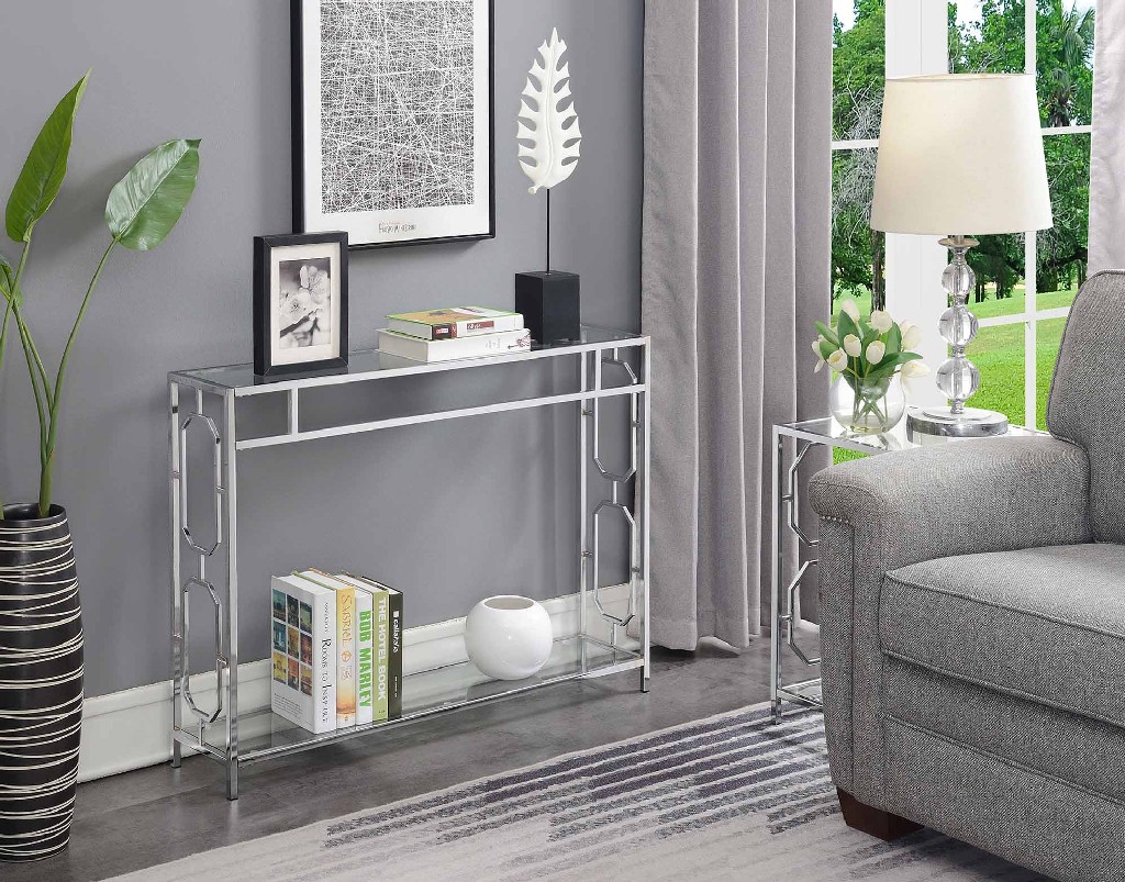 Omega Chrome Console Table In Clear Glass / Chrome Frame - Convenience Concepts 137099glcro