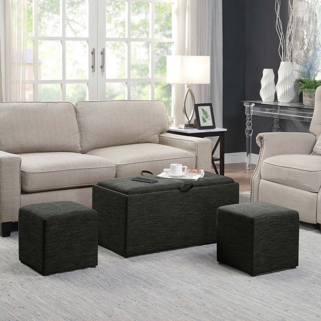 Designs4Comfort Sheridan Storage Ottoman with Reversible Tray and 2 Side Ottomans - Convenience Concepts 143012FDCGY