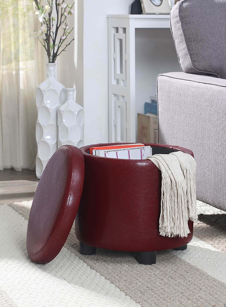 Designs4comfort Round Accent Storage Ottoman In Burgundy Faux Leather - Convenience Concepts 163523brg
