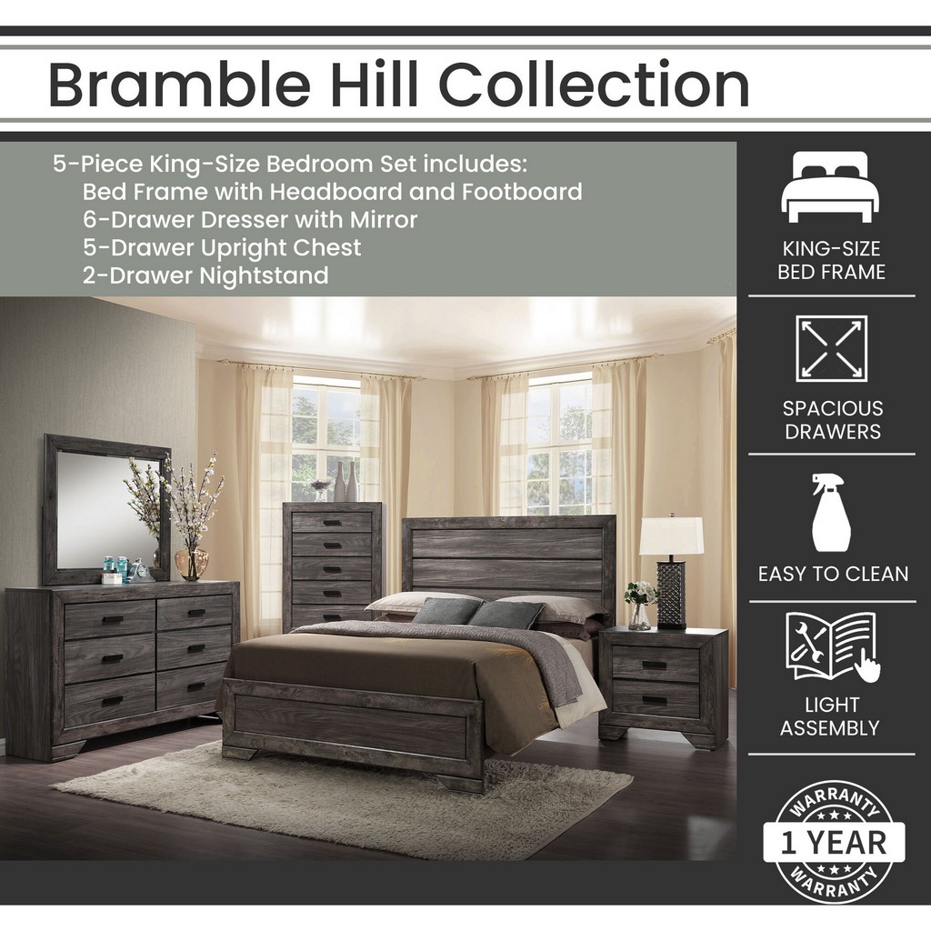 Bramble Hill 5-Piece Bedroom Furniture Set with King-Size Bed Frame in Weathered Gray Finish - Hanover HBR016A5K1-WG