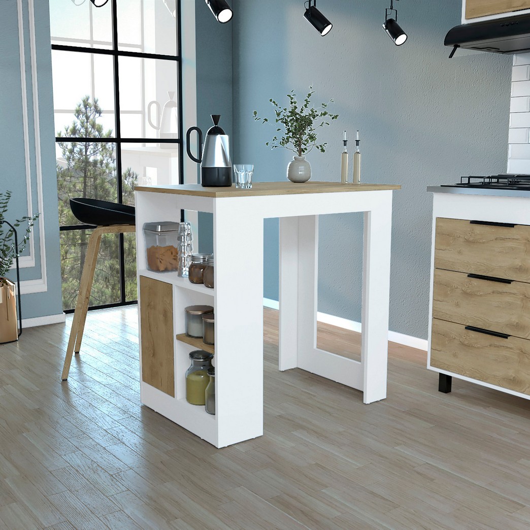 Masset Kitchen Island with Side Shelves and Cabinet, White / Macadamia - Depot E Shop DE-IBM9011