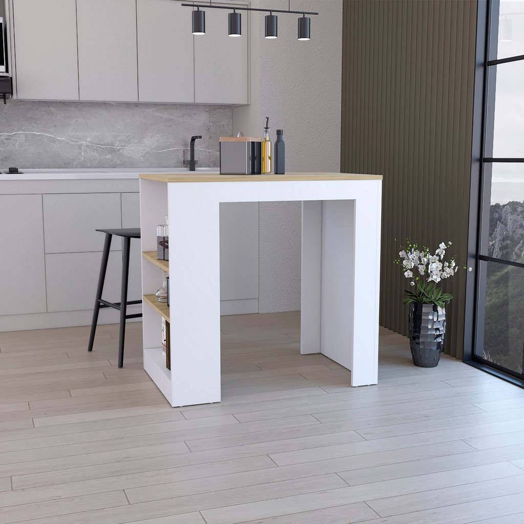  Lacour Kitchen Island, Kitchen Bar Table with 3-Side Shelves, White / Macadamia â€“ Depot E-Shop DE-IBM9034