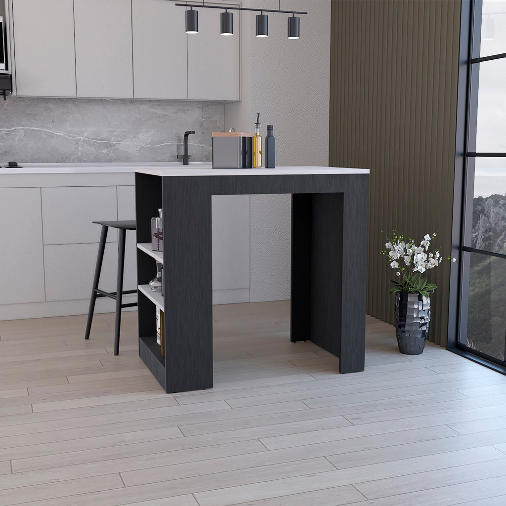  Lacour Kitchen Island, Kitchen Bar Table with 3-Side Shelves, Black / Ibiza Marble â€“ Depot E-Shop DE-IWZ9033