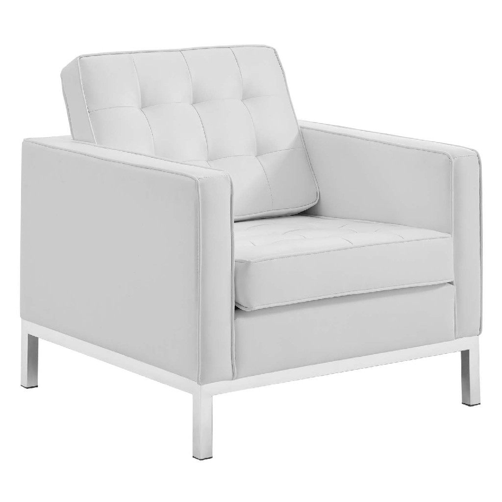 Loft Tufted Button Upholstered Faux Leather Armchair in Silver White - East End Imports EEI-3391-SLV-WHI - Armchairs