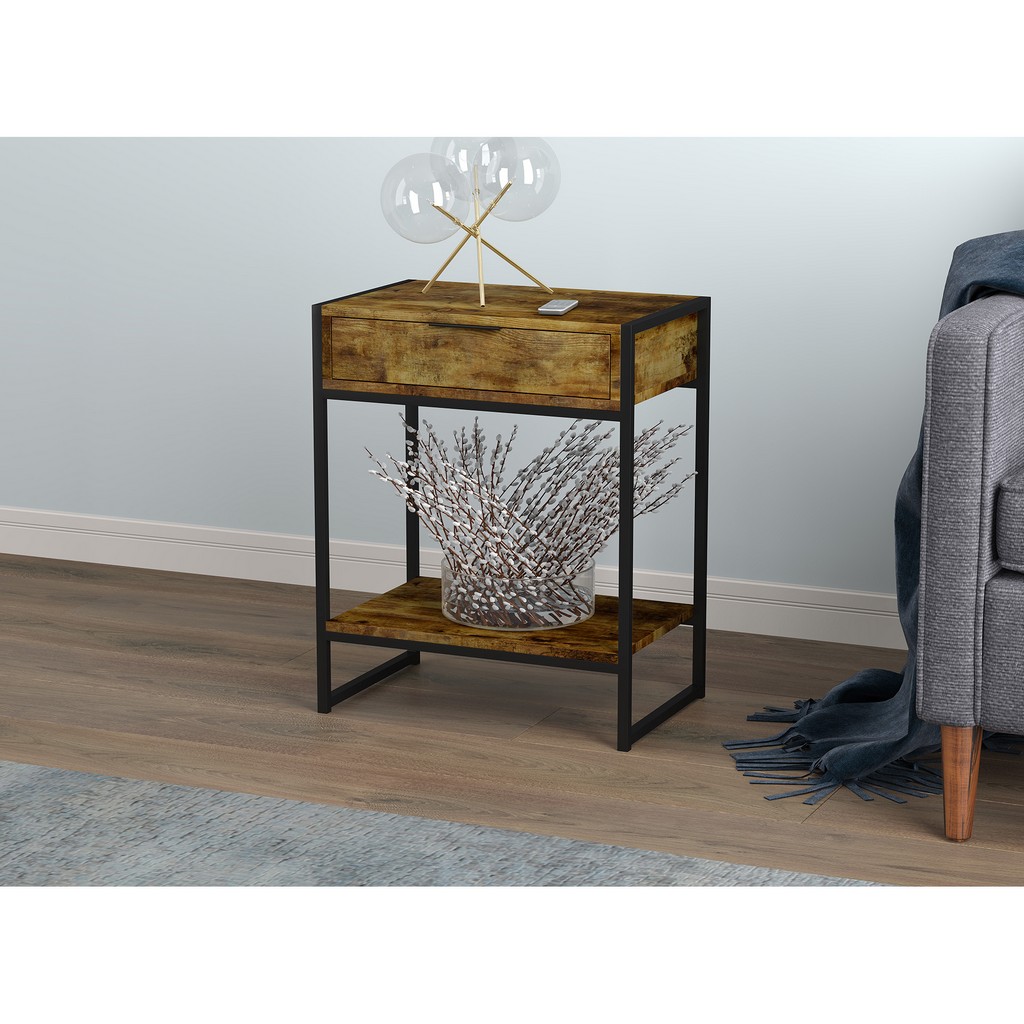 Accent Table-20&quot;Long/Brown Reclaimed Wood with 1 Drawer 1 Shelf and Black Metal for Living Room - Safdie &amp; Co 81045.Z.07
