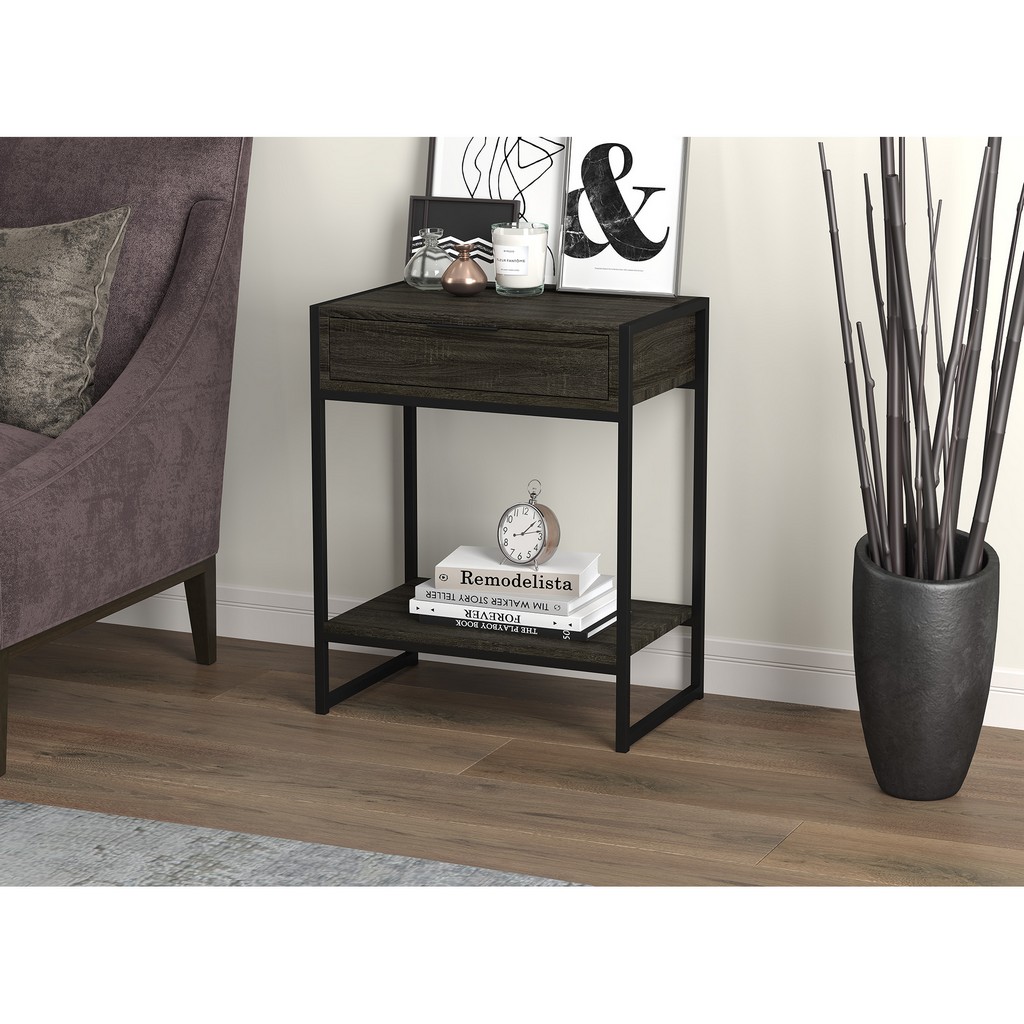 Accent Table-20&quot;Long/Dark Grey with 1 Drawer 1 Shelf and Black Metal for Living Room - Safdie &amp; Co 81045.Z.74