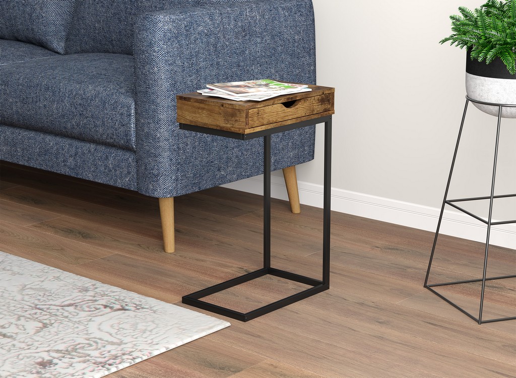 Accent Table C-Shaped-15.75&quot;Long/Brown Reclaimed Wood with 1 Drawer and Black Metal for Living Room - Safdie &amp; Co 81058.Z.07