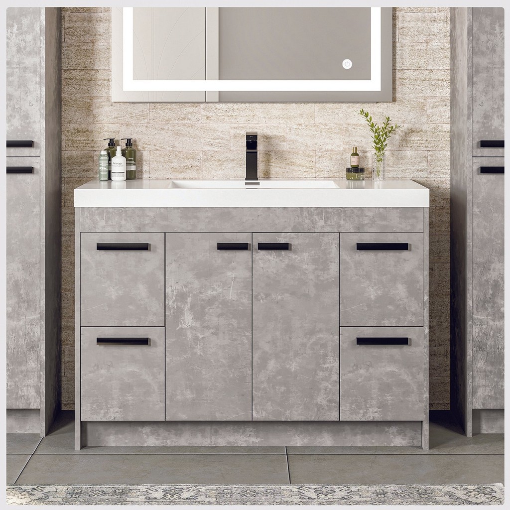 Eviva Lugano 42 inch Cement Gray Modern Bathroom Vanity with White Integrated Top - Eviva EVVN1000-8-42CGR