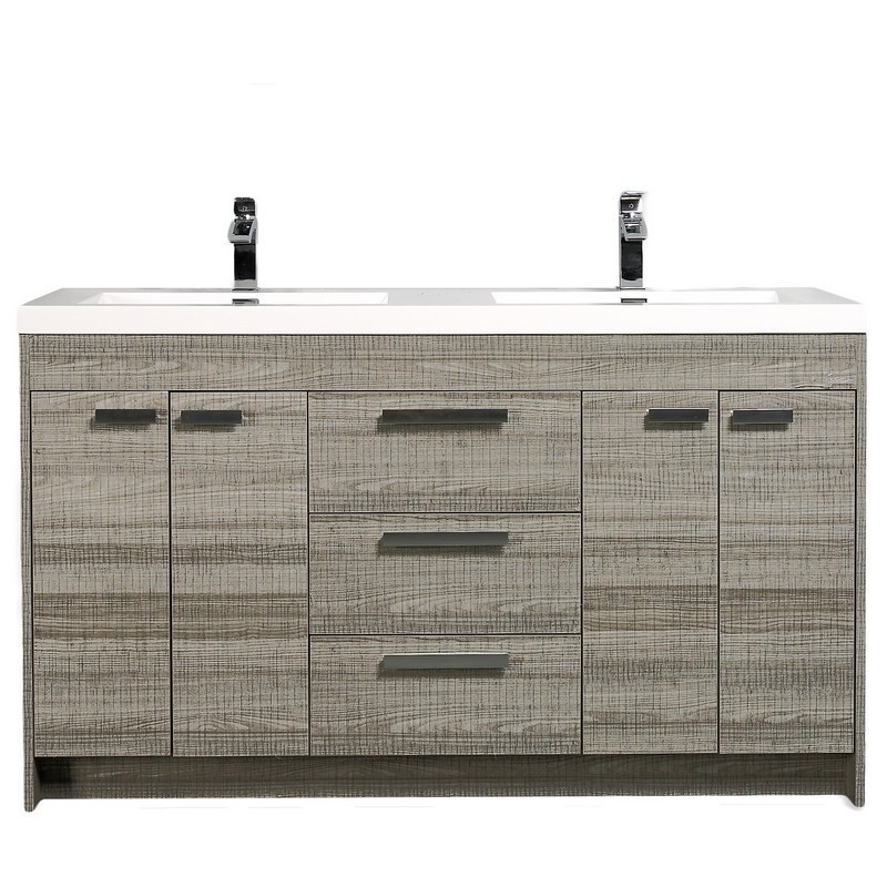 Eviva Lugano 60 inch Ash Double Sink Modern Bathroom Vanity with White Integrated Acrylic Top - Eviva EVVN1500-8-60ASH