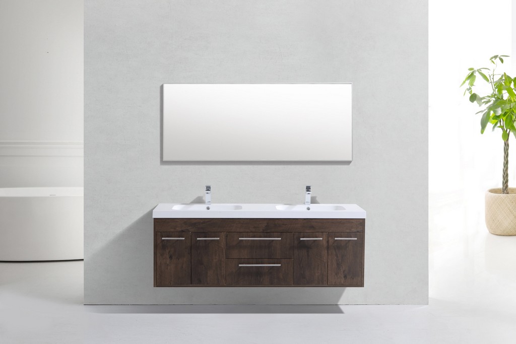 Eviva Lugano 60&quot; Rosewood Modern Bathroom Vanity Wall Mount with White Integrated Acrylic Double Sink - Eviva EVVN1500-8-60RSWD-WM