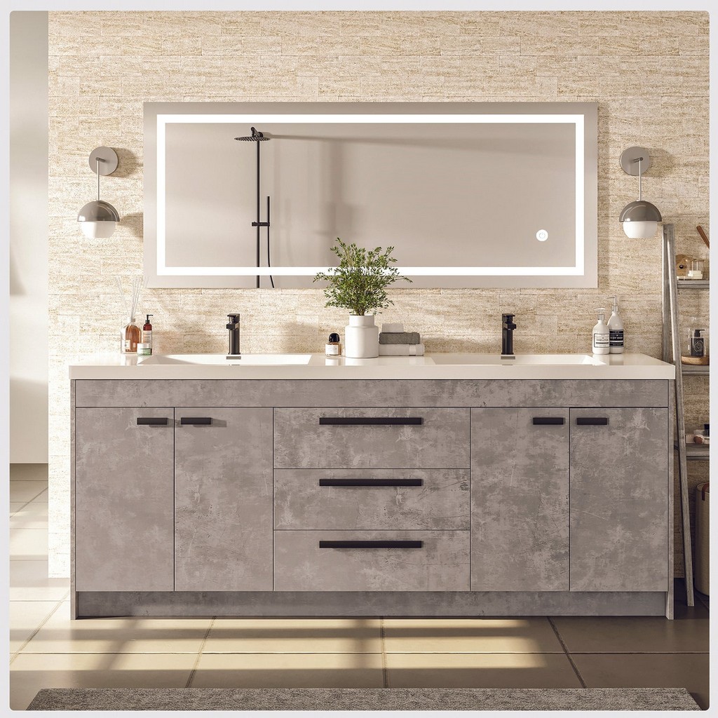 Eviva Lugano 72 inch Cement Gray Modern Double Sink Bathroom Vanity with White Integrated Acrylic Top - Eviva EVVN1700-8-72CGR