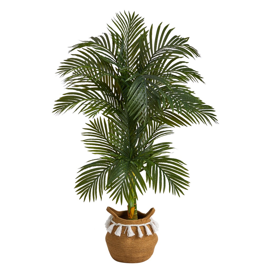 5ft. Artificial Double Stalk Golden Cane Palm Tree with Handmade Woven Cotton Basket - Nearly Natural T3081