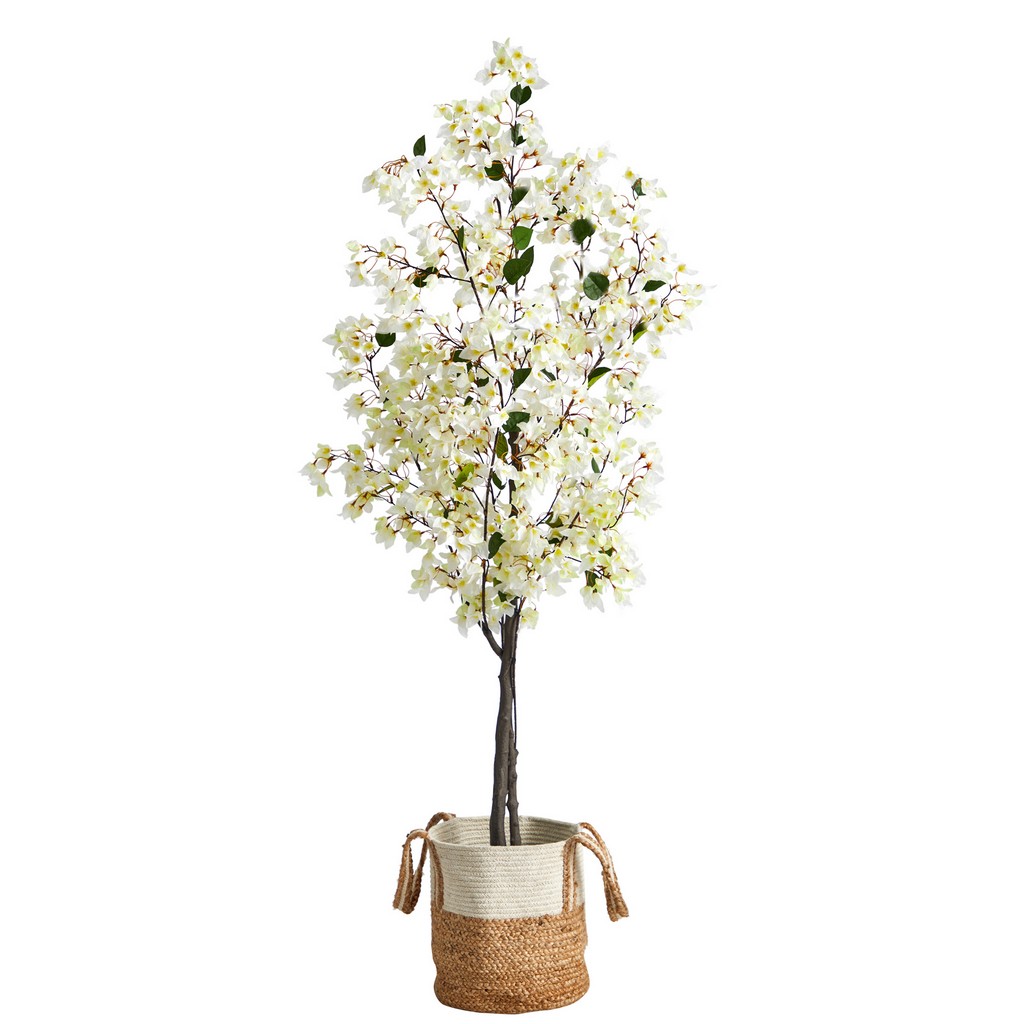 6ft. Artificial Bougainvillea Tree with Handmade Jute &amp; Cotton Basket - Nearly Natural T3246-WH