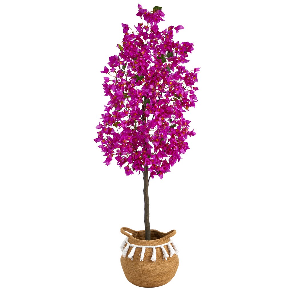 5ft. Artificial Bougainvillea Tree with Handmade Jute &amp; Cotton Basket with Tassels - Nearly Natural T3423-PP